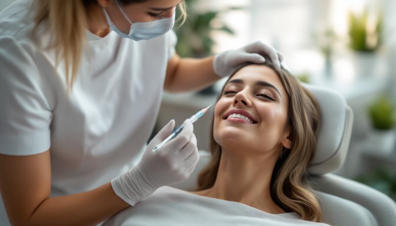 Ilustração corporativa plana mostrando uma mulher recebendo preenchimento facial com agulha em ambiente clínico moderno e limpo, tons suaves de azul e branco, profissionais de estética ao redor, detal