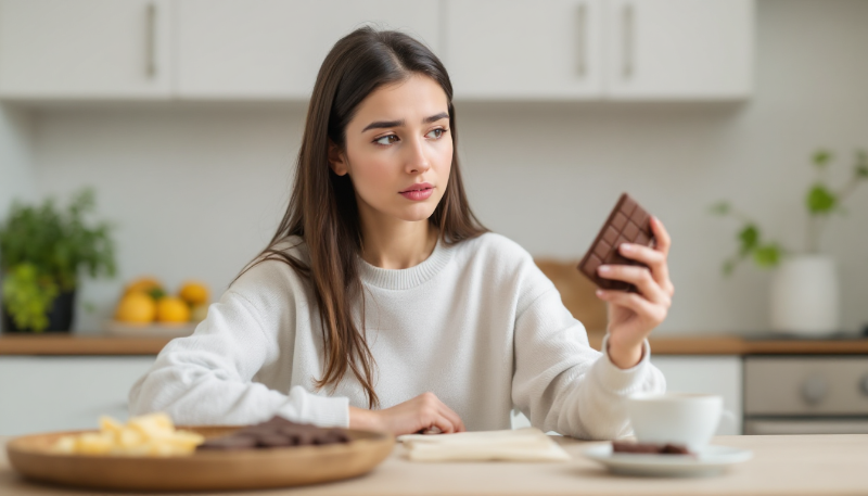 Mulher sentada refletindo sobre fome emocional com alimentos saudáveis ao redor