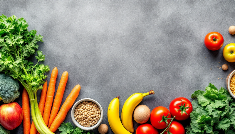 Alimentos saudáveis como legumes, frutas e grãos em volta de espaço vazio, ideal para capa de artigo sobre planejamento alimentar e refeição semanal saudável.
